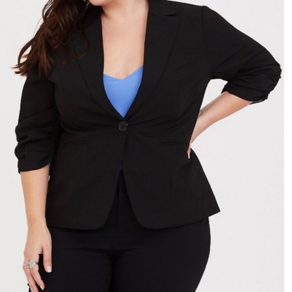 Torrid 2X Black Blazer Office Work Business Jacket Ruched Sleeves